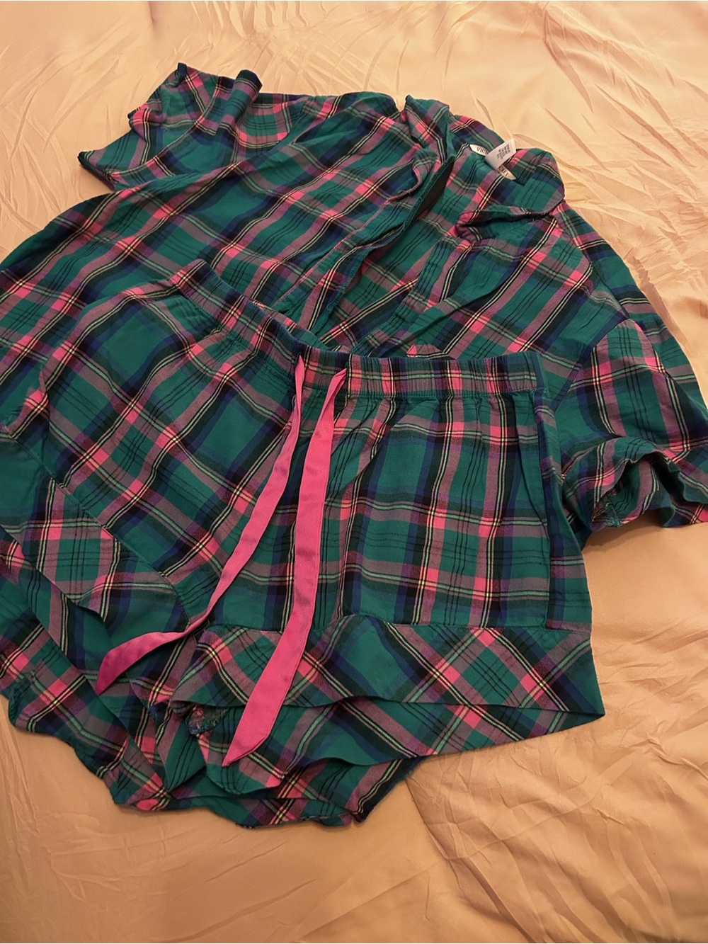 Victoria's Secret Green and Pink Plaid Button-Down Top & Shorts. Size S